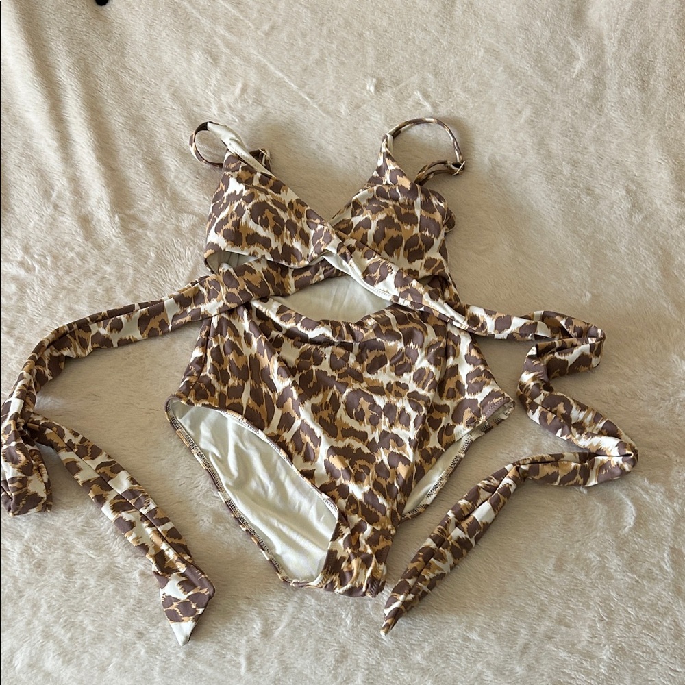 Aerie Cream and Brown One-Piece Wrap Tie Swimsuit